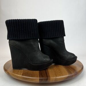 Womens Prada Black Leather Peep Toe Foldover Knit Wedge Ankle Boots Size EU 37